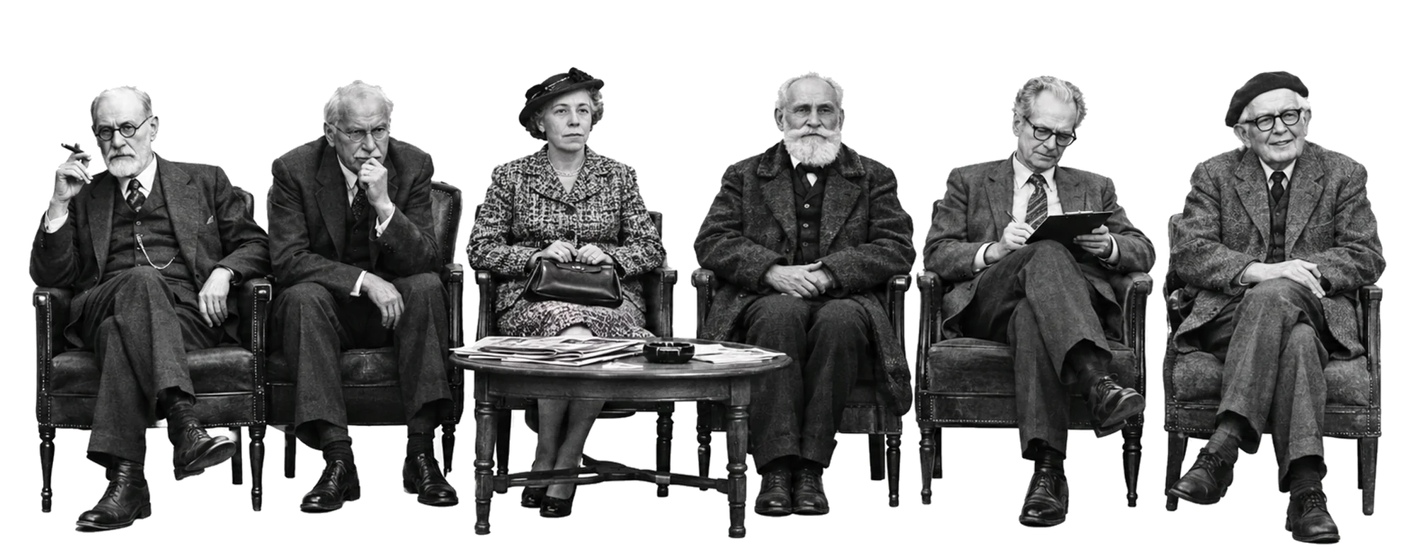 Hayalî bir bekleme odasında sehpanın etrafında oturan Sigmund Freud, Carl Jung, Karen Horney, Ivan Pavlov, B. F. Skinner ve Jean Piaget